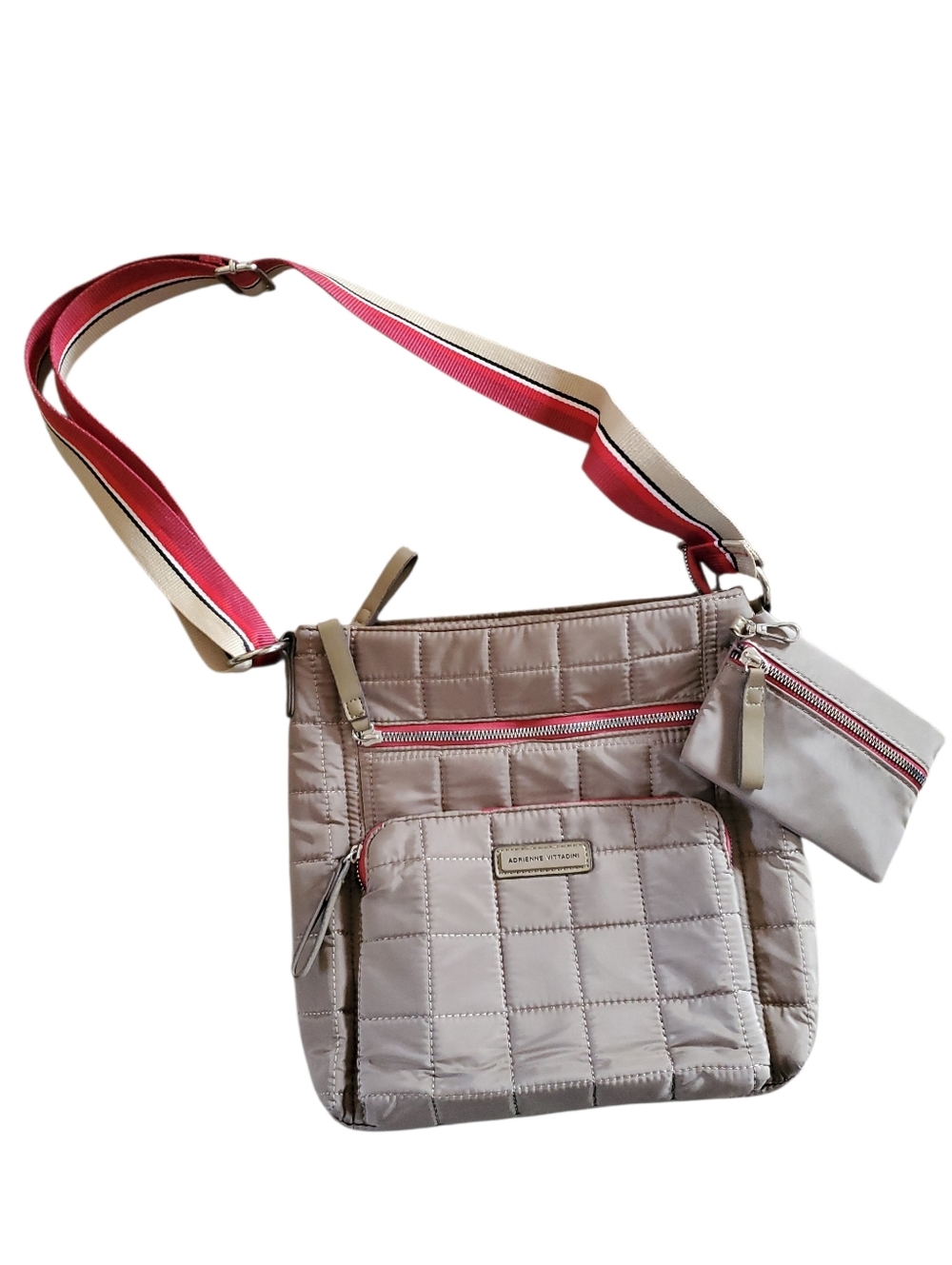 Adrienne Vittadini Womens Crossbody Taupe Quilt Pattern Bag w/coin purse